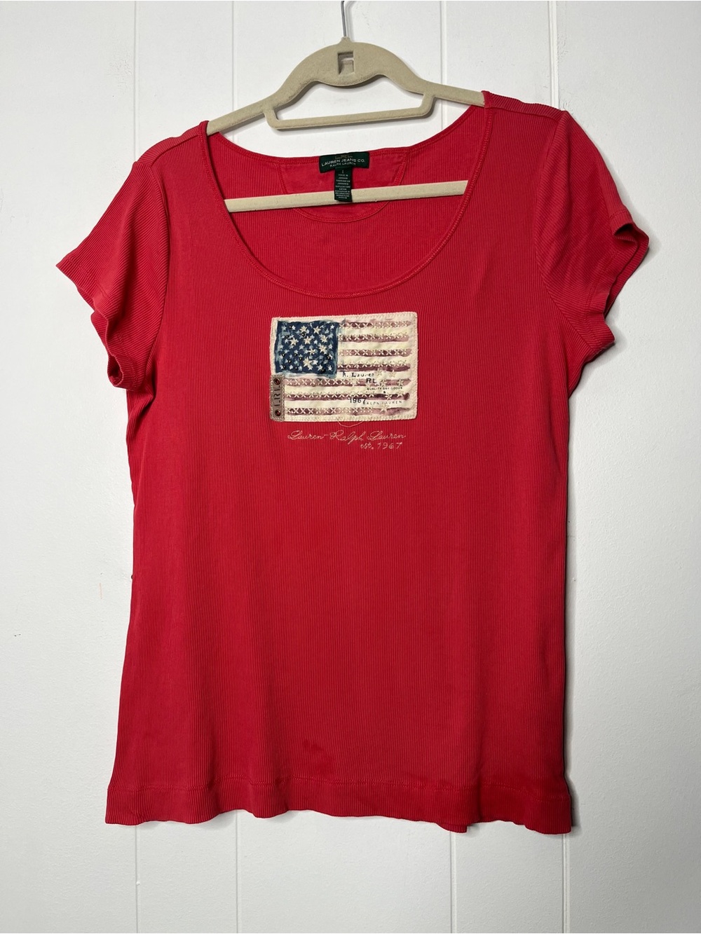 Lauren Ralph Lauren Red Ribbed Scoop Neck Flag Graphic Tee